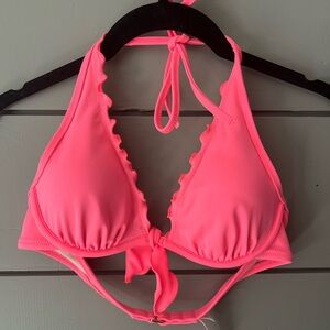 VICTORIA'S‎ SECRET Ruffle Halter Bikini Swim Top 34A Neon Hot Pink EUC